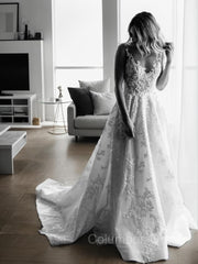 Wedding Dresses Sleeves Lace, A-Line/Princess V-neck Sweep Train Lace Wedding Dresses With Appliques Lace