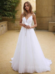 Wedding Dresses For Bride 2031, A-Line/Princess V-neck Sweep Train Lace Wedding Dresses With Appliques Lace