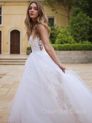 Wedding Dresses Spring, A-Line/Princess V-neck Sweep Train Lace Wedding Dresses With Appliques Lace