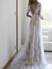 Wedding Dresses Designer, A-Line/Princess V-neck Sweep Train Lace Wedding Dresses With Appliques Lace