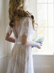 Wedding Dresses Designers, A-Line/Princess V-neck Sweep Train Lace Wedding Dresses With Appliques Lace