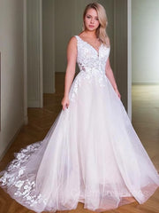 Wedding Dresses Casual, A-Line/Princess V-neck Sweep Train Lace Wedding Dresses With Appliques Lace