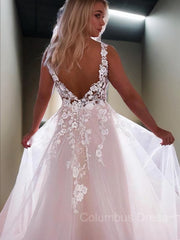 Wedding Dress Sexy, A-Line/Princess V-neck Sweep Train Lace Wedding Dresses With Appliques Lace