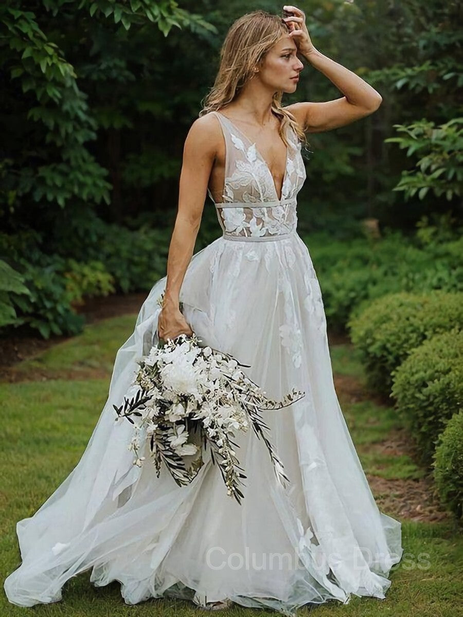 Wedding Dress With Color, A-Line/Princess V-neck Sweep Train Lace Wedding Dresses With Belt/Sash