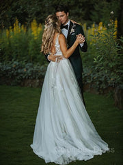 Wedding Dresses With Color, A-Line/Princess V-neck Sweep Train Lace Wedding Dresses With Belt/Sash