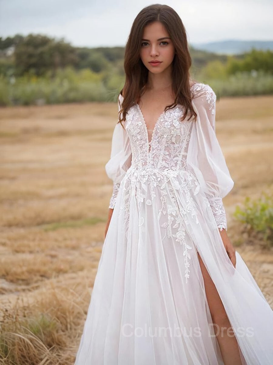 Wedding Dresses Sleeved, A-Line/Princess V-neck Sweep Train Lace Wedding Dresses With Leg Slit