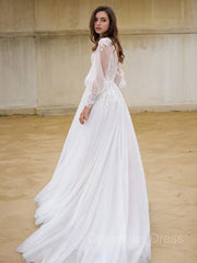 Wedding Dresses Sleeve, A-Line/Princess V-neck Sweep Train Lace Wedding Dresses With Leg Slit