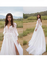 Wedding Dress Sleevs, A-Line/Princess V-neck Sweep Train Lace Wedding Dresses With Leg Slit