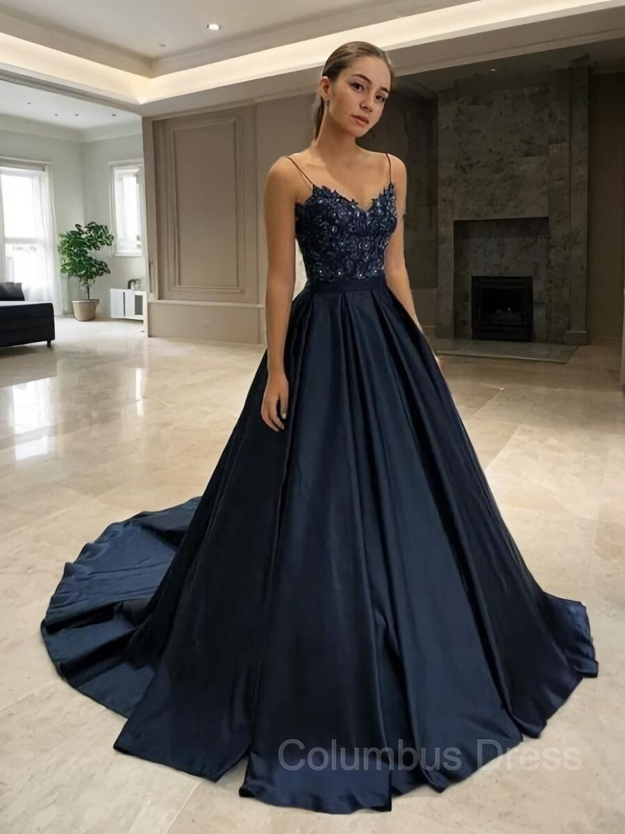 Prom Dresse Two Piece, A-Line/Princess V-neck Sweep Train Satin Prom Dresses With Appliques Lace