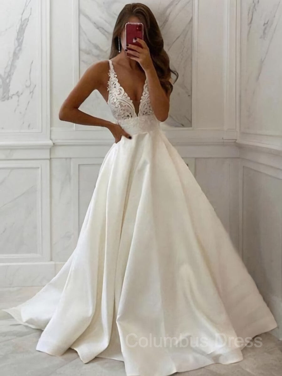 Wedding Dress With Long Sleeves, A-Line/Princess V-neck Sweep Train Satin Wedding Dresses