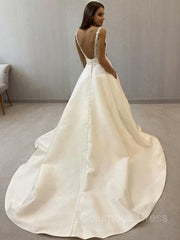 Wedding Dresses Under 207, A-Line/Princess V-neck Sweep Train Satin Wedding Dresses