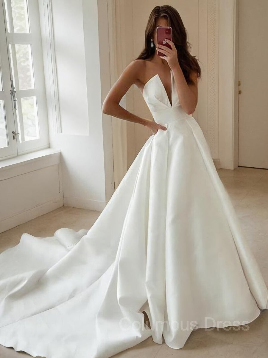 Wedding Dress Budget, A-Line/Princess V-neck Sweep Train Satin Wedding Dresses