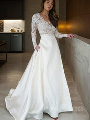 Wedding Dresses Fit, A-Line/Princess V-neck Sweep Train Satin Wedding Dresses With Appliques Lace