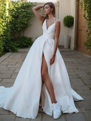 Wedding Dresses For Summer, A-Line/Princess V-neck Sweep Train Satin Wedding Dresses With Leg Slit