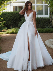 Wedding Dress Romantic, A-Line/Princess V-neck Sweep Train Satin Wedding Dresses With Leg Slit