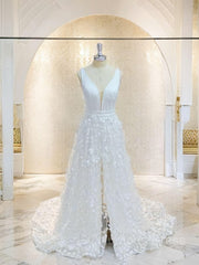 Wedding Dresses For Bride, A-Line/Princess V-neck Sweep Train Stretch Crepe Wedding Dresses With Leg Slit