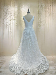 Wedding Dresses For Brides, A-Line/Princess V-neck Sweep Train Stretch Crepe Wedding Dresses With Leg Slit