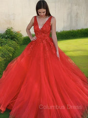 Pink Formal Dress, A-Line/Princess V-neck Sweep Train Tulle Evening Dresses With Appliques Lace
