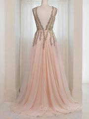 Bridesmaids Dress Champagne, A-Line/Princess V-neck Sweep Train Tulle Evening Dresses With Leg Slit