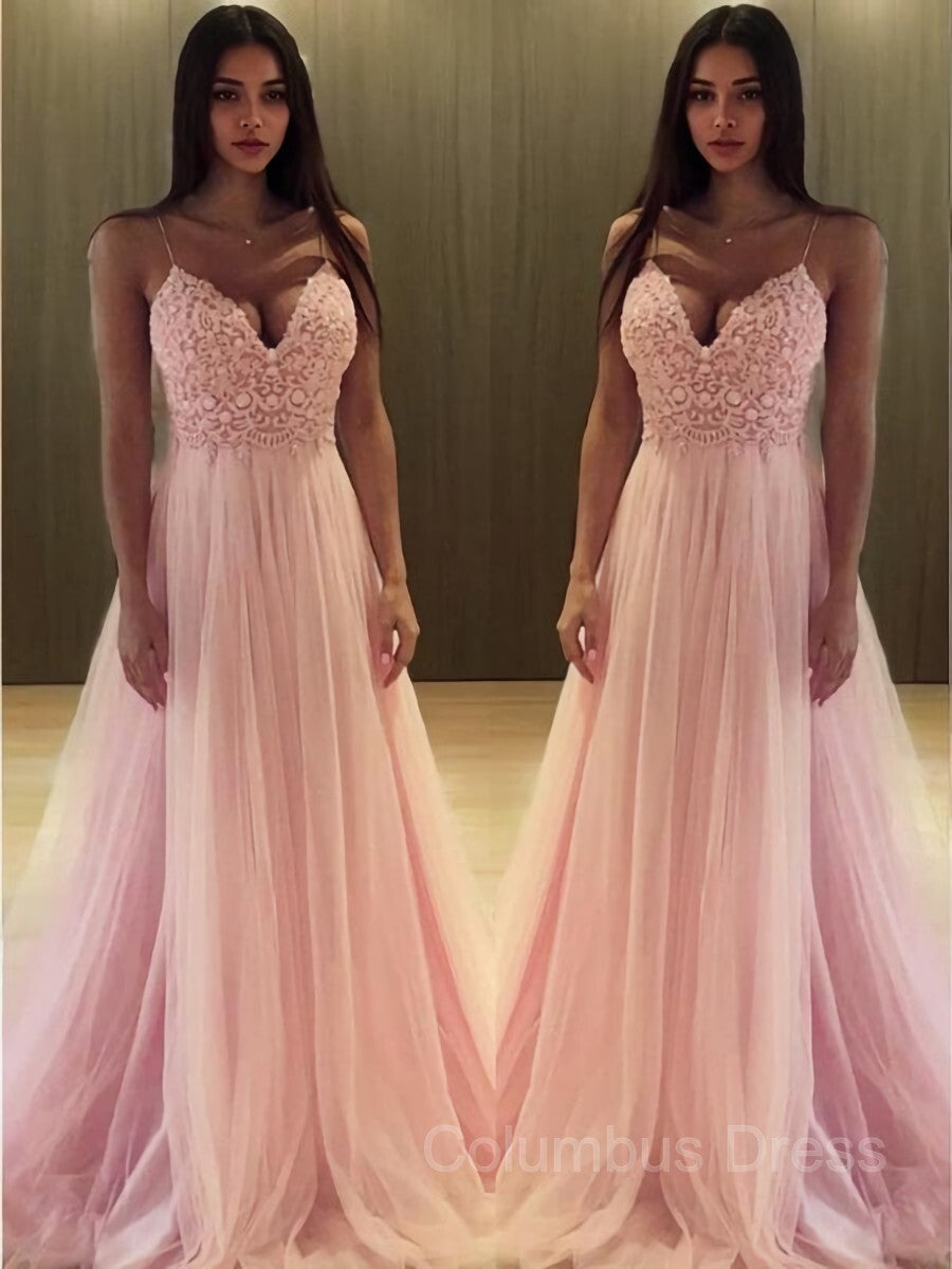 Prom Dress Places, A-Line/Princess V-neck Sweep Train Tulle Prom Dresses