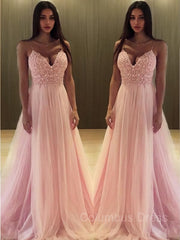 Prom Dress Places, A-Line/Princess V-neck Sweep Train Tulle Prom Dresses