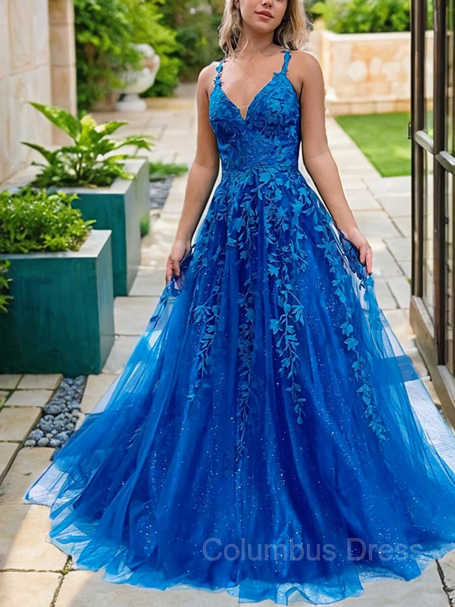 Party Dress Sales, A-Line/Princess V-neck Sweep Train Tulle Prom Dresses With Appliques Lace