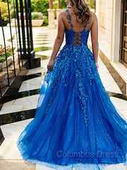 Party Dresses Sale, A-Line/Princess V-neck Sweep Train Tulle Prom Dresses With Appliques Lace