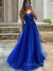 Prom Dress 2047, A-Line/Princess V-neck Sweep Train Tulle Prom Dresses With Appliques Lace