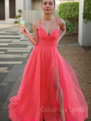 Gold Prom Dress, A-Line/Princess V-neck Sweep Train Tulle Prom Dresses With Leg Slit