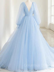 Party Dress Casual, A-Line/Princess V-neck Sweep Train Tulle Prom Dresses With Ruffles