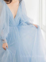 Party Dress Styling Ideas, A-Line/Princess V-neck Sweep Train Tulle Prom Dresses With Ruffles