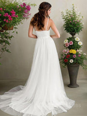 Wedding Dresses Modern, A-Line/Princess V-neck Sweep Train Tulle Wedding Dresses