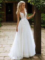Wedding Dress Gowns, A-Line/Princess V-neck Sweep Train Tulle Wedding Dresses