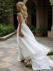 Wedding Dresses Gowns, A-Line/Princess V-neck Sweep Train Tulle Wedding Dresses