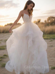 Wedding Dresses Under 507, A-Line/Princess V-neck Sweep Train Tulle Wedding Dresses