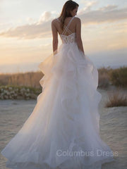 Wedding Dress Unique, A-Line/Princess V-neck Sweep Train Tulle Wedding Dresses