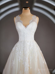 Wedding Dress Idea, A-Line/Princess V-neck Sweep Train Tulle Wedding Dresses with Appliques Lace