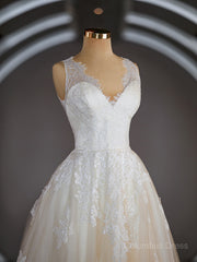 Wedding Dress With Covered Back, A-Line/Princess V-neck Sweep Train Tulle Wedding Dresses with Appliques Lace