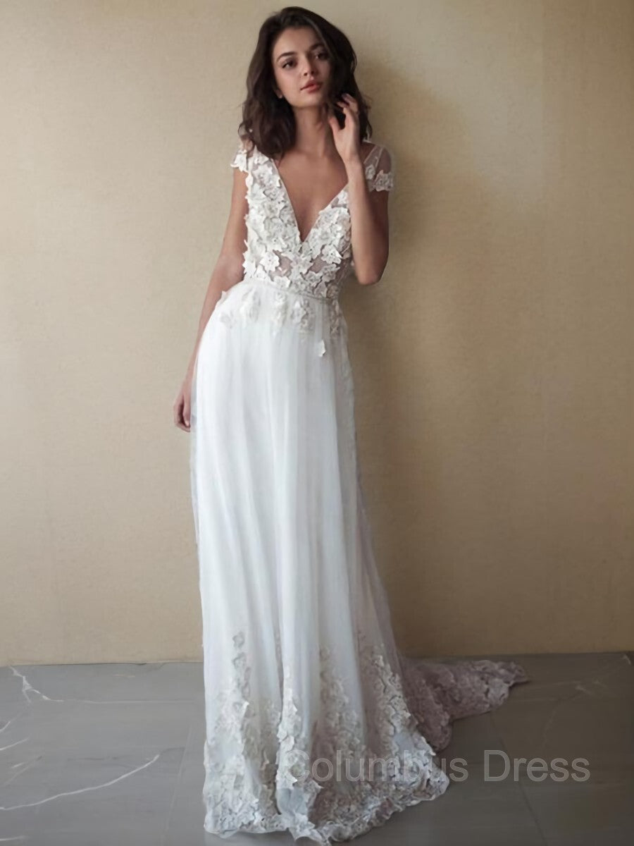 Wedding Dresses With Lace, A-Line/Princess V-neck Sweep Train Tulle Wedding Dresses With Appliques Lace