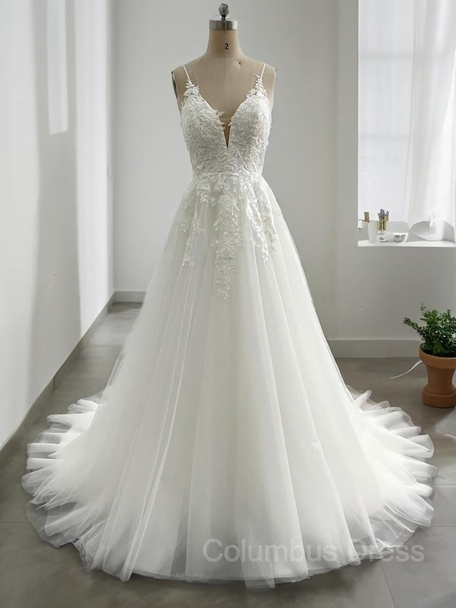 Wedding Dress Backless, A-Line/Princess V-neck Sweep Train Tulle Wedding Dresses With Appliques Lace