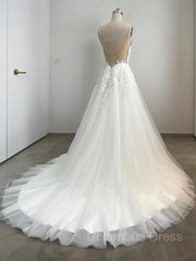 Wedding Dresses Backless, A-Line/Princess V-neck Sweep Train Tulle Wedding Dresses With Appliques Lace