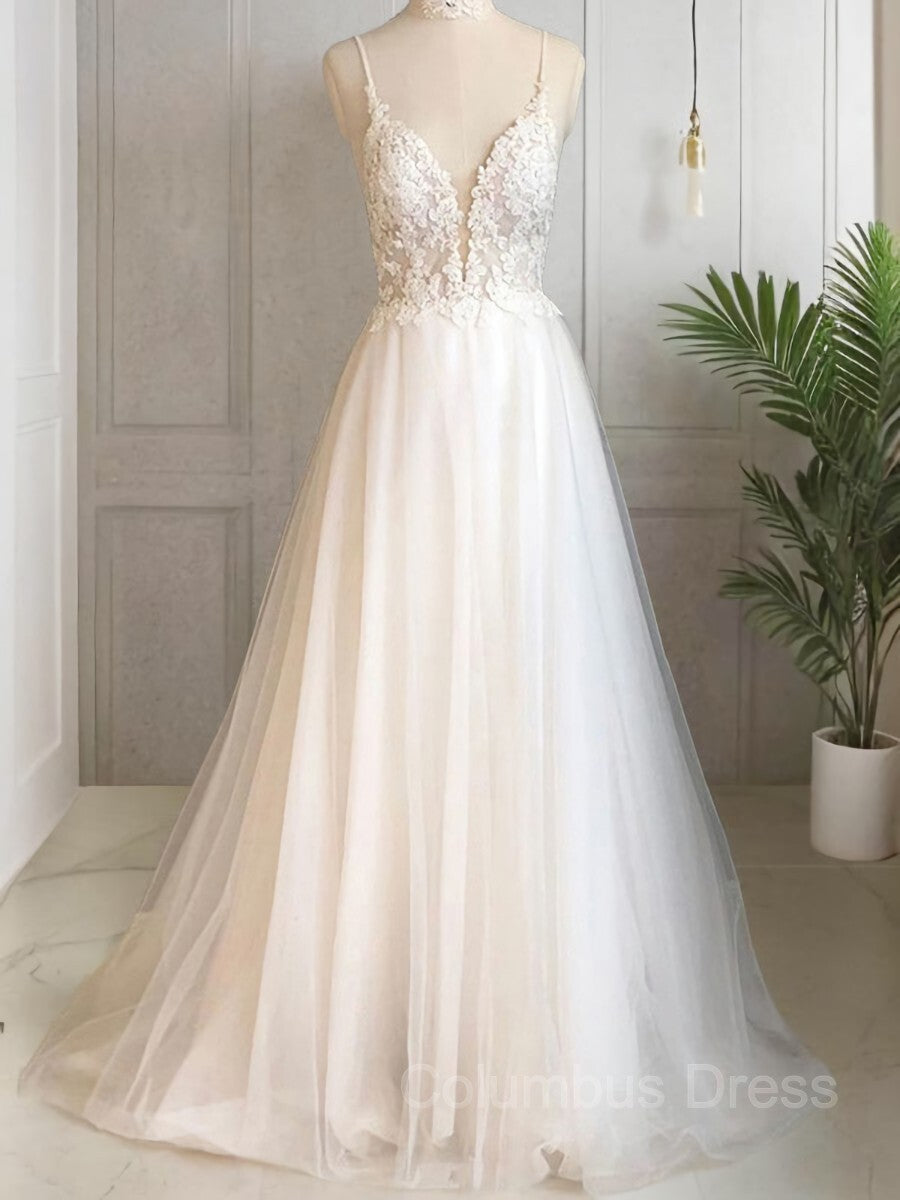 Wedding Dress 2029, A-Line/Princess V-neck Sweep Train Tulle Wedding Dresses With Appliques Lace