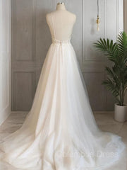 Wedding Dresses Elegant, A-Line/Princess V-neck Sweep Train Tulle Wedding Dresses With Appliques Lace