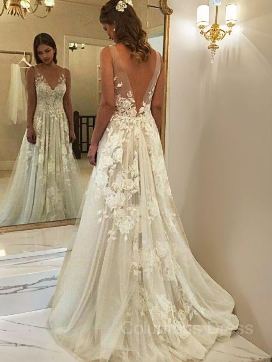 Wedding Dress Classy, A-Line/Princess V-neck Sweep Train Tulle Wedding Dresses With Appliques Lace