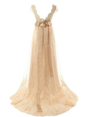 Wedding Dress Shoulder, A-Line/Princess V-neck Sweep Train Tulle Wedding Dresses With Beading