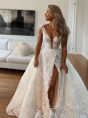 Wedding Dresses Princess, A-Line/Princess V-neck Sweep Train Tulle Wedding Dresses With Leg Slit