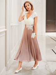 Prom Dresses Chicago, A-Line/Princess V-neck Tea-Length Chiffon Mother of the Bride Dresses With Lace Applique