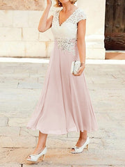 Prom Dress Glitter, A-Line/Princess V-neck Tea-Length Chiffon Mother of the Bride Dresses With Lace Applique