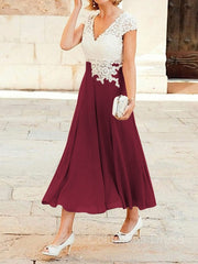 Prom Dress Long With Slit, A-Line/Princess V-neck Tea-Length Chiffon Mother of the Bride Dresses With Lace Applique