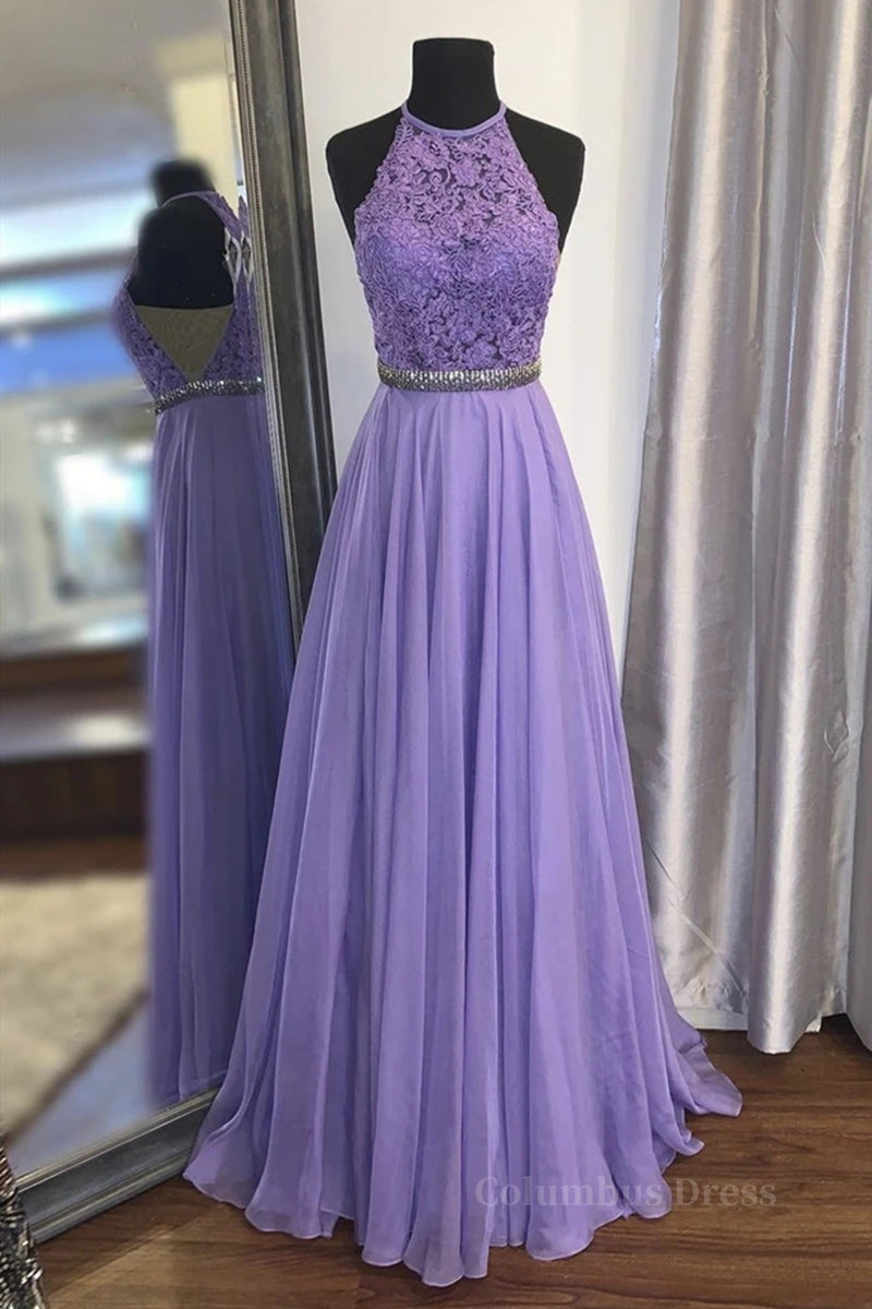 Satin Bridesmaid Dress, A Line Purple Lace Long Prom Dress with Belt, Purple Lace Formal Dress, Purple Evening Dress, Bridesmaid Dress